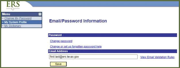 Screenshot of ERS OnLine email and password section