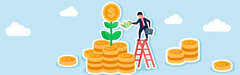 Illustration of man watering pile of coins and a plant