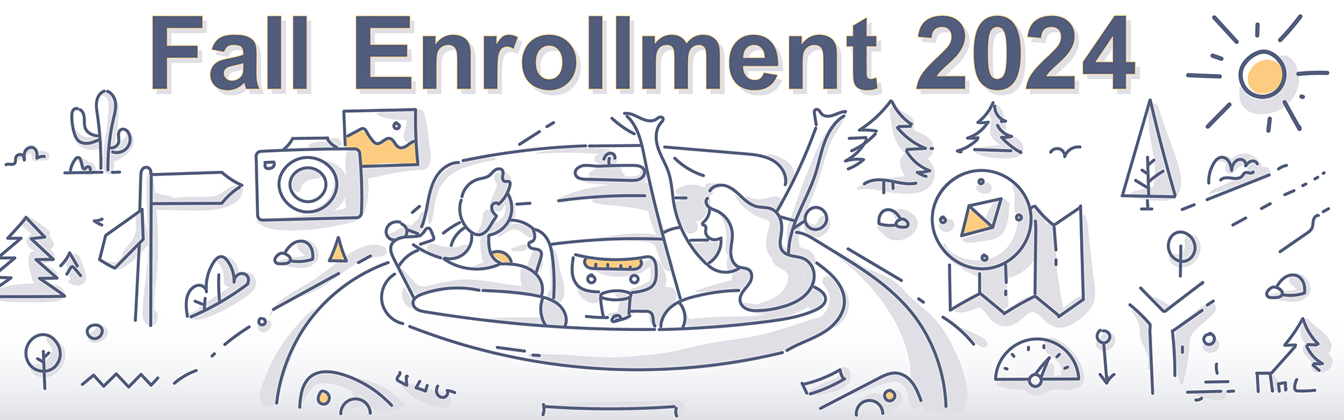 illustration of a couple driving in convertible with text "Fall Enrollment 2024"